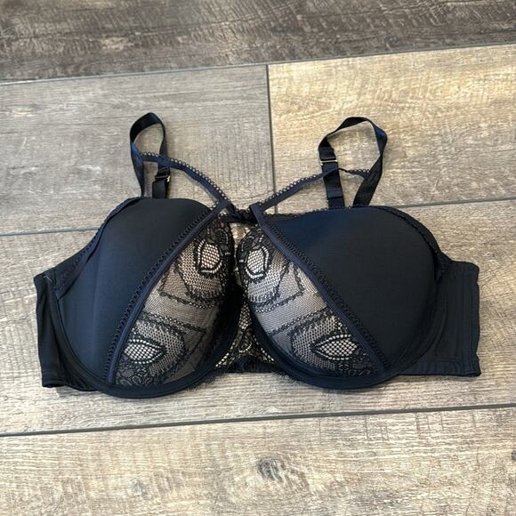 Cacique Lightly Lined Balconette Strappy Bra Black Tan Size 44DDD - Picture 4 of 9